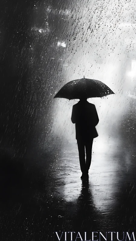 Silhouetted person with umbrella on wet city street at night.