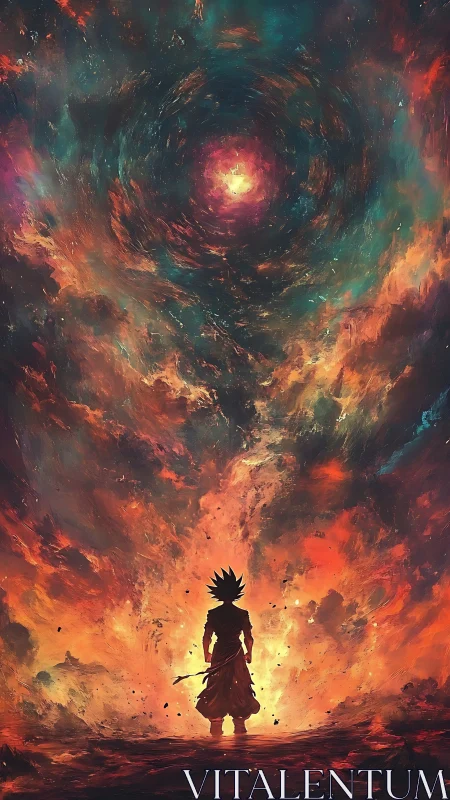Silhouetted warrior stands beneath swirling cosmic fire vortex