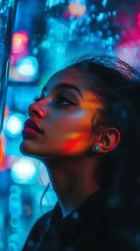 Woman in profile lit by neon reflections at night