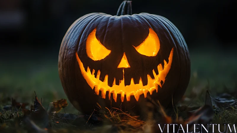Sinister jack-o’-lantern grins through autumn twilight glow.