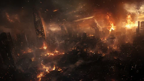 Post-impact megacity firestorm under orbital kinetic barrage.