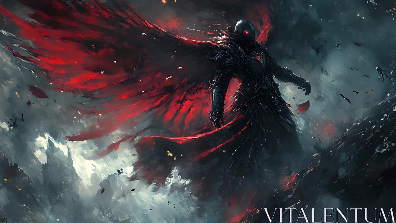 Armored fallen angel spreads burning red wings over storm