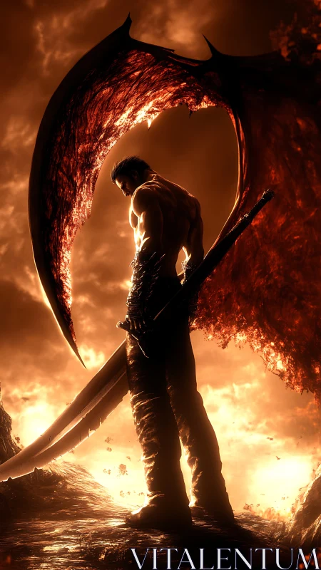 Winged humanoid figure with sword in backlit fiery scene.