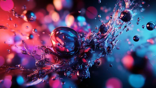 Colorful liquid orbs dancing in glowing neon light splash.