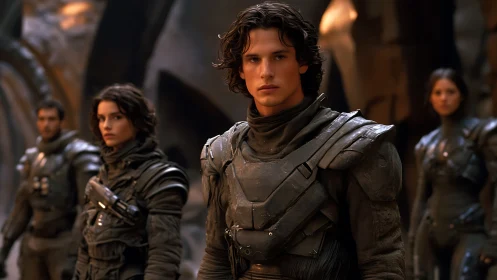 Young sci fi warriors in armored suits on rocky world.