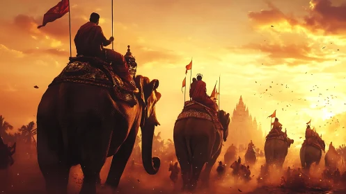Sunset elephant procession toward a distant golden temple.