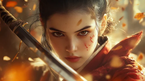 Cinematic close-up of resolute samurai girl with drawn katana