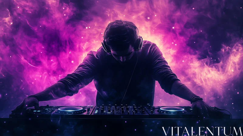 Nebula-backed DJ conjuring cosmic beats in violet haze.