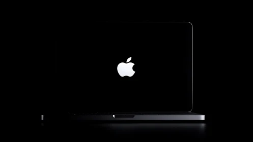 Minimalist laptop silhouette with glowing white logo emblem.