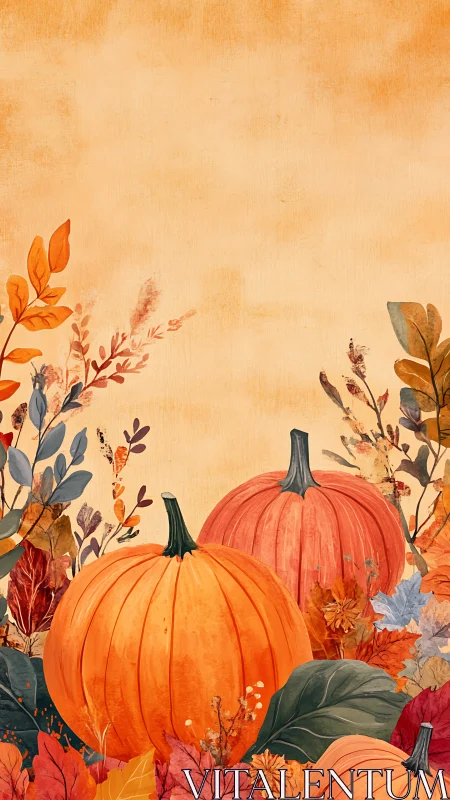 Cozy autumn pumpkins nestled in a bed of colorful leaves.