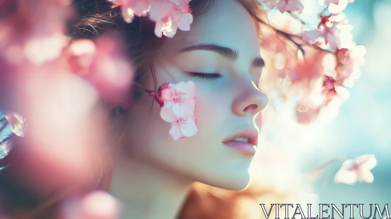 Young woman poses amid pink blossoms with eyes closed
