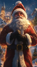 Santa Claus in snowy Christmas village at night. Period.