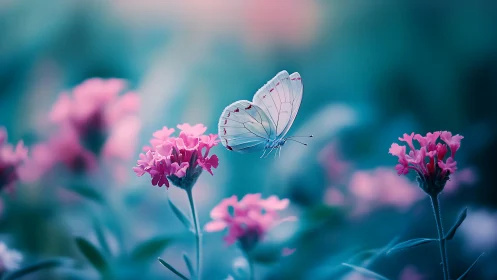 Soft pastel butterfly drifting through dreamy blooms.