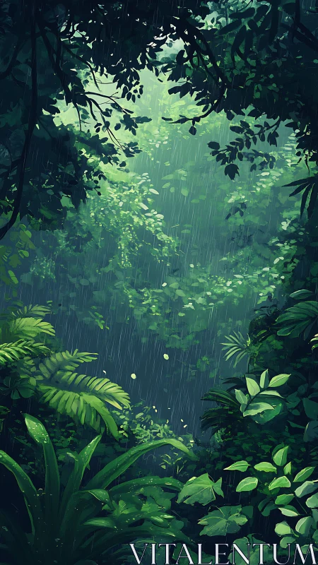 Rainforest canopy with light penetration through layered vegetation.