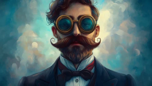 Portrait of man with steampunk goggles and styled mustache.
