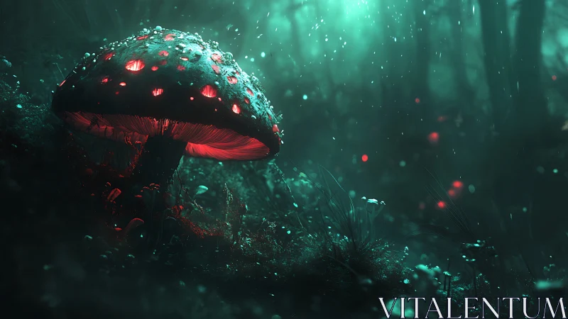 Bioluminescent mushroom renders volumetric glow in misty forest
