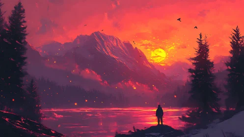 Sunset wanderer by glowing mountain lake in soft silence.