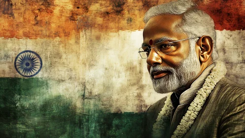 Digital portrait of Indian leader before national flag.