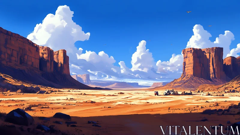 Wide-angle desert canyon vista with stratified mesas under cumulus.