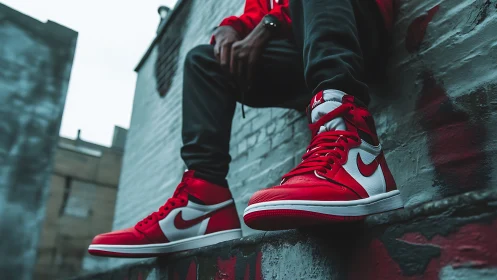 Red and white high-top sneakers on urban rooftop ledge.