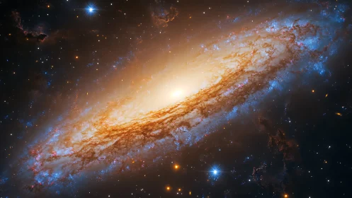 Spiral galaxy with bright core and starfield background in space.