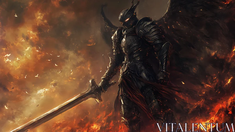 Infernal winged knight emerging from blazing battlefield.