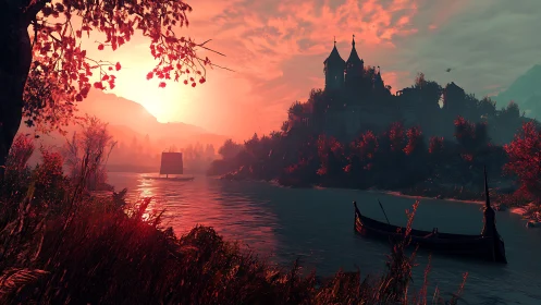 Sunset river with castle, sailboat and moored rowboat.