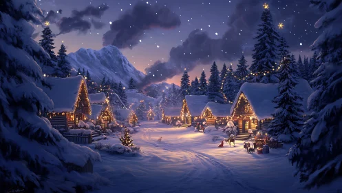 Snowy mountain village with warmly lit holiday cabins.