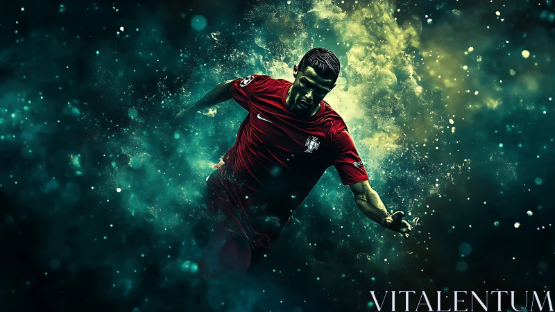 Explosive sprint of digital footballer through teal mist.