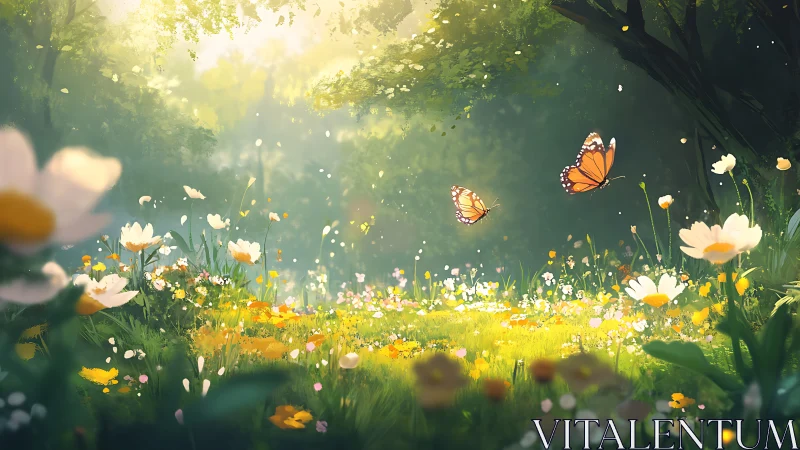 Sunlit meadow ballet with monarchs and whispering wildflowers.