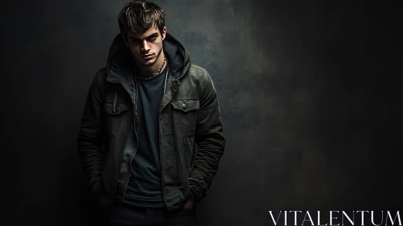 Moody young man stands in dark studio with hooded jacket