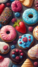 Vibrant iced donuts with berries in stylized overhead layout.