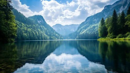 Mirror-still alpine lake cradled by deep green mountains.