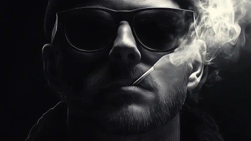 Noir close-up portrait isolates smoker in harsh side lighting