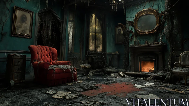 Decayed haunted parlor with red chair and fireplace.