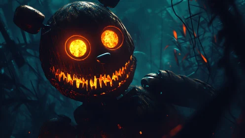 Glowing jack o lantern bear figure in dense night forest.