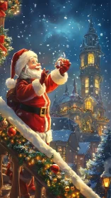 Snowlit Santa studies a tiny gift beneath storybook towers