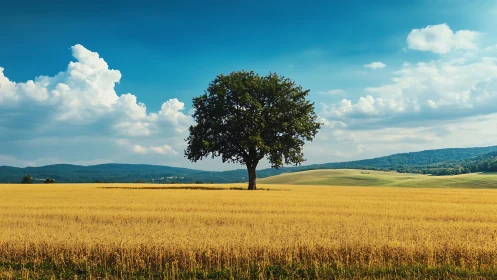Isolated deciduous tree centered in ripe cereal field under cumulus sky