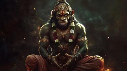 Divine warrior monkey meditates in a fiery celestial glow