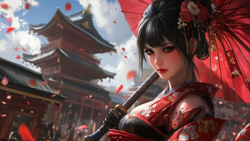 Elegant geisha under red umbrella before temple gate.