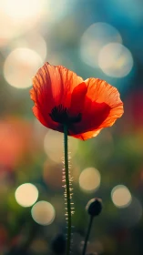 Sunlit poppy glowing softly against dreamy garden bokeh.