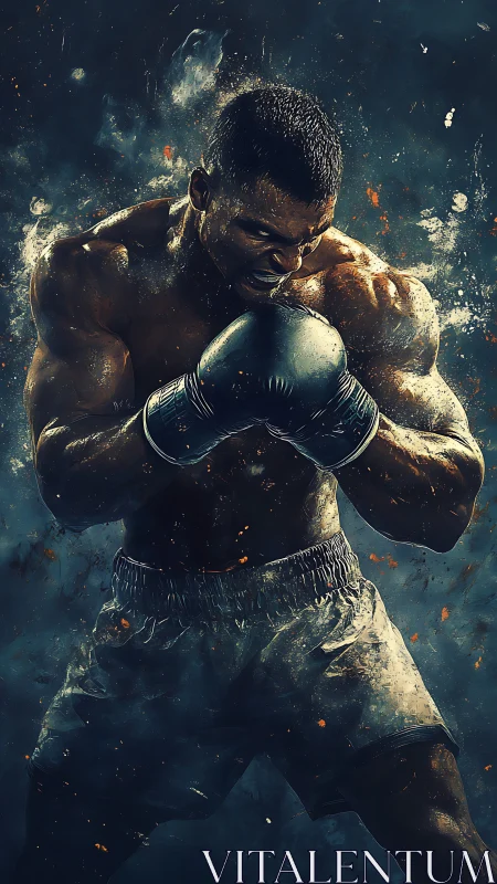 Powerful Boxer Poised in Dramatic Golden Lighting.