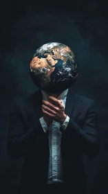 Photorealistic surreal portrait with Earth-headed businessman.
