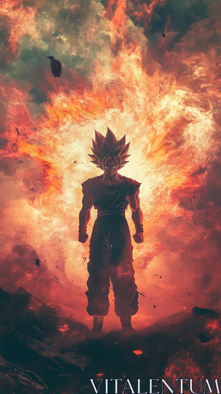 Silhouetted anime warrior framed by fiery energy field.