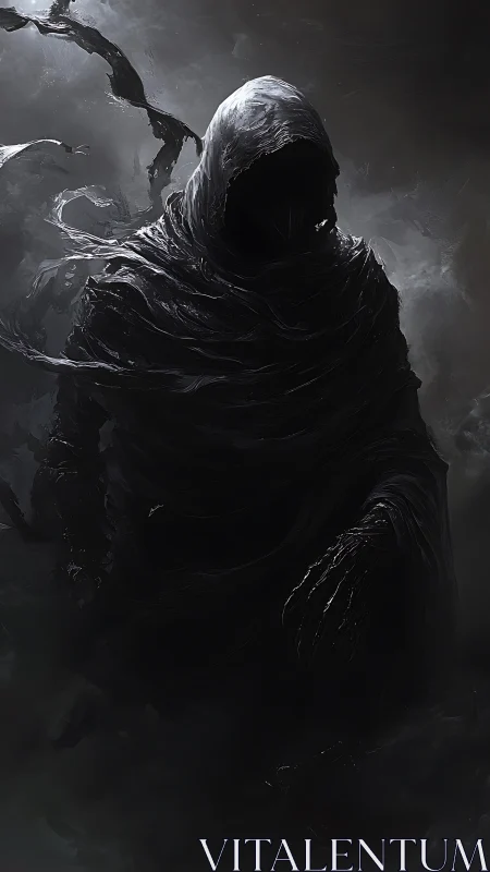 Shrouded shadow figure emerges quietly from swirling darkness