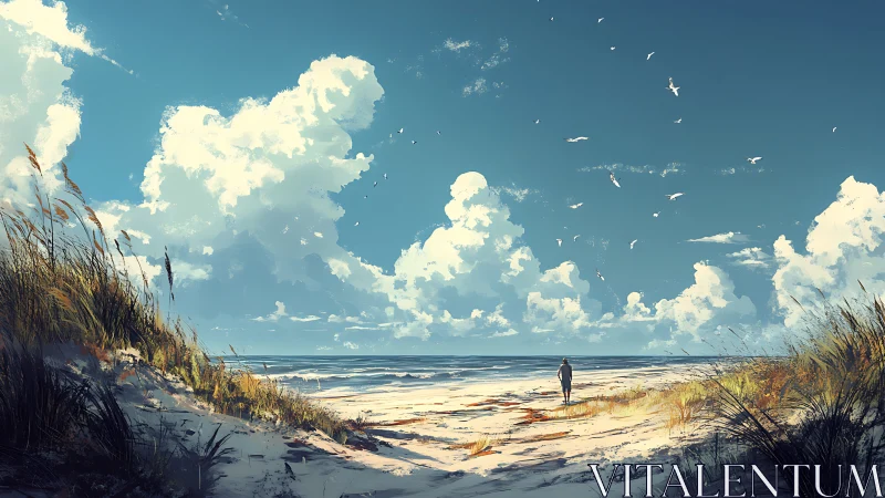 Solitary figure on windswept coastal dunes under cumulus sky