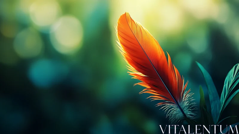 Sunlit ember feather glows against dreamy forest blur.