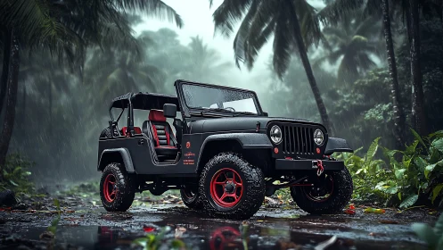 Off-road jeep dominates lush tropical jungle rain trail.