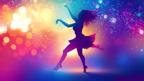 Silhouette dancer moves against vivid multicolor light field
