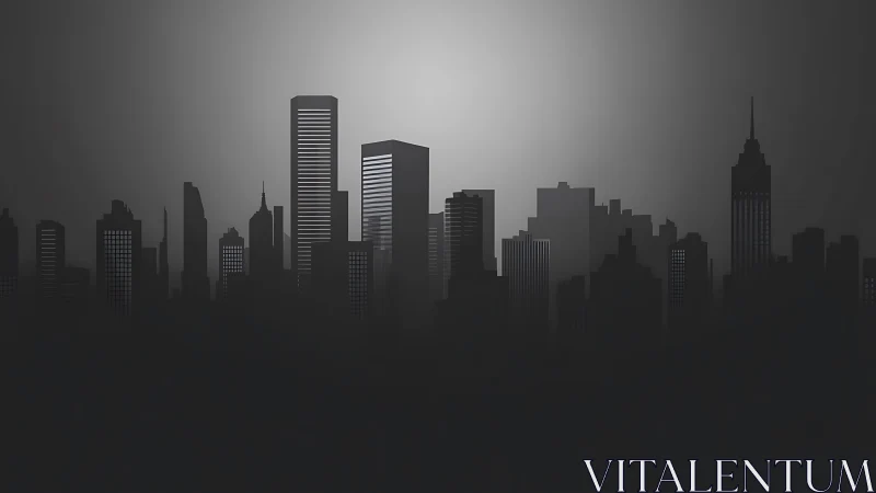Monochrome city skyline glows softly in atmospheric haze.